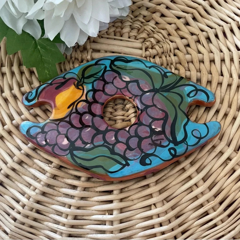 Handcrafted Wine Bottle and Glasses Holder Hand Painted grapes and pears design